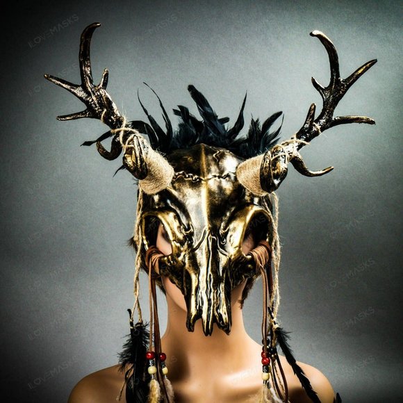 GOLD Antelope Devil Deer Horn Skull Masquerade NEW - Picture 7 of 10